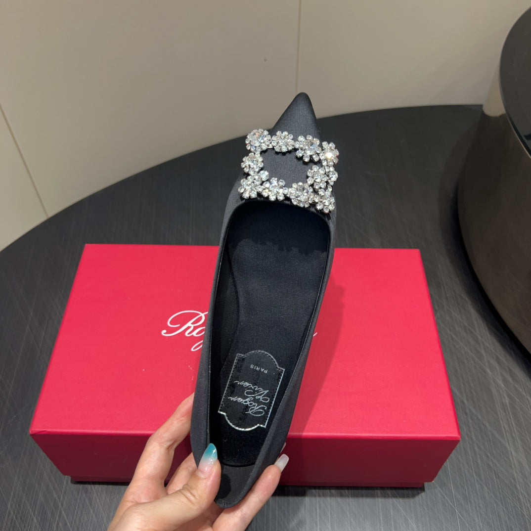 ROGER VIVIER 25S GRETE BALLET FLATS IN BLACK SILK WITH EMBELLISHED CRYSTALS