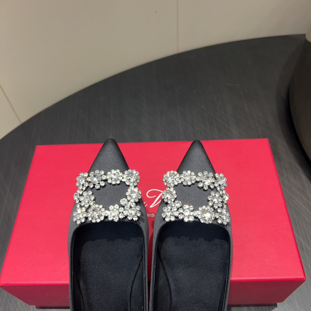 ROGER VIVIER 25S GRETE BALLET FLATS IN BLACK SILK WITH EMBELLISHED CRYSTALS