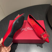 ROGER VIVIER 25S GRETE BALLET FLATS IN BRIGHT RED SILK WITH EMBELLISHED CRYSTALS