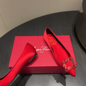 ROGER VIVIER 25S GRETE BALLET FLATS IN BRIGHT RED SILK WITH EMBELLISHED CRYSTALS
