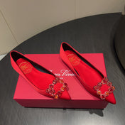 ROGER VIVIER 25S GRETE BALLET FLATS IN BRIGHT RED SILK WITH EMBELLISHED CRYSTALS