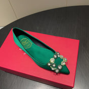 ROGER VIVIER 25S GRETE BALLET FLATS IN TEAL GREEN SILK WITH EMBELLISHED CRYSTALS
