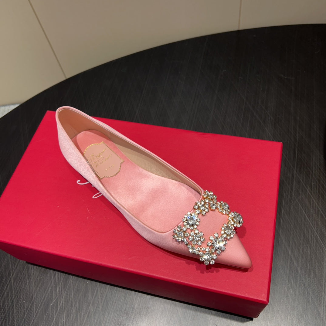 ROGER VIVIER 25S GRETE BALLET FLATS IN BABY PINK SILK WITH EMBELLISHED CRYSTALS