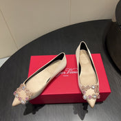 ROGER VIVIER 25S GRETE BALLET FLATS IN NUDE SILK WITH EMBELLISHED CRYSTALS
