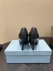 PRADA 25S POINTED TOE HIGH HEELS 85MM IN BLACK LAMBSKIN WITH TIE UP DESIGN