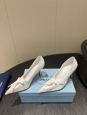 PRADA 25S POINTED TOE HIGH HEELS 85MM IN IVORY LAMBSKIN WITH TIE UP DESIGN