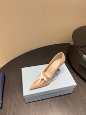 PRADA 25S POINTED TOE HIGH HEELS 85MM IN BEIGE LAMBSKIN WITH TIE UP DESIGN