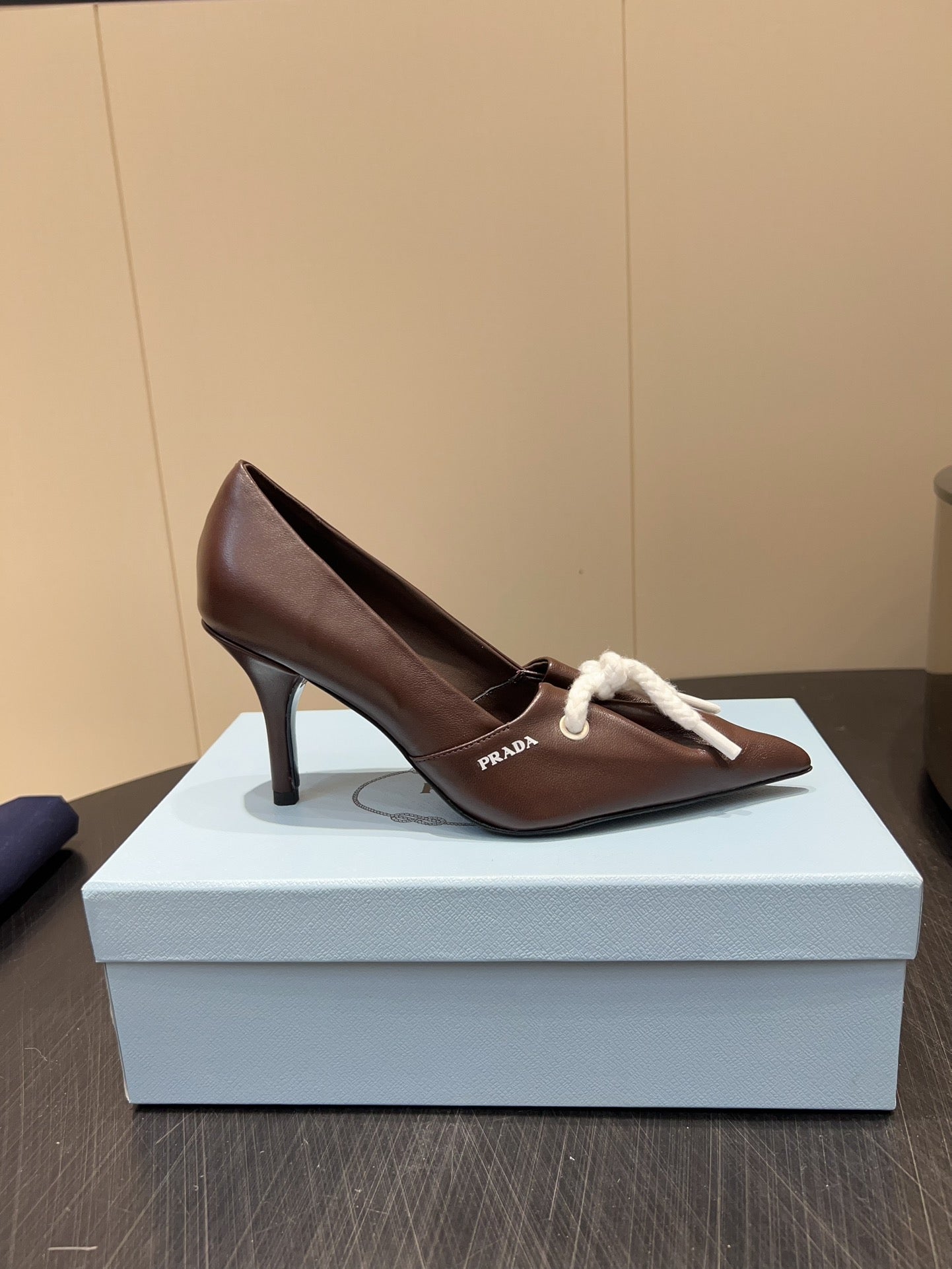 PRADA 25S POINTED TOE HIGH HEELS 85MM IN DARK BROWN LAMBSKIN WITH TIE UP DESIGN