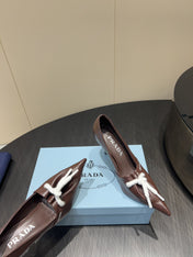PRADA 25S POINTED TOE HIGH HEELS 85MM IN DARK BROWN LAMBSKIN WITH TIE UP DESIGN