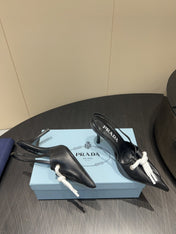PRADA 25S POINTED TOE SLINGBACK 85MM IN BLACK LAMBSKIN WITH TIE UP DESIGN