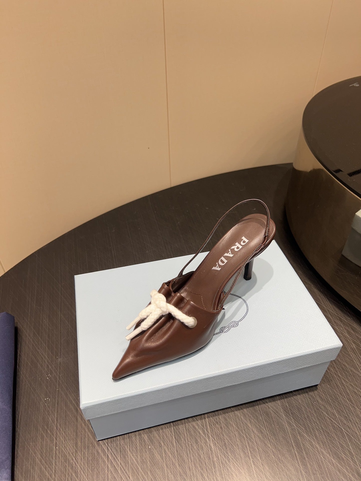 PRADA 25S POINTED TOE SLINGBACK 85MM IN DARK BROWN LAMBSKIN WITH TIE UP DESIGN