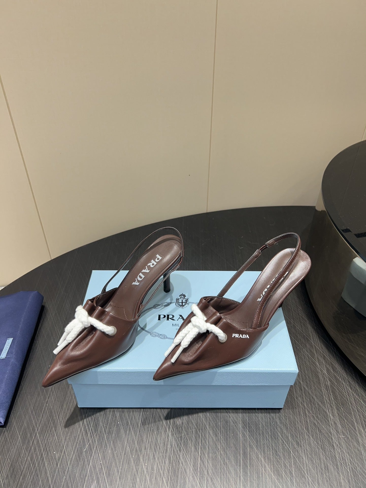 PRADA 25S POINTED TOE SLINGBACK 85MM IN DARK BROWN LAMBSKIN WITH TIE UP DESIGN