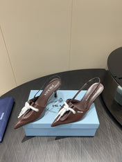 PRADA 25S POINTED TOE SLINGBACK 85MM IN DARK BROWN LAMBSKIN WITH TIE UP DESIGN