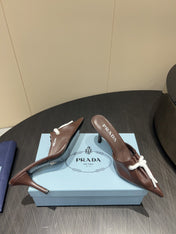 PRADA 25S BRAIDED DETAIL MULES 85MM IN DARK BROWN CALFSKIN