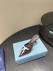 PRADA 25S BRAIDED DETAIL MULES 85MM IN DARK BROWN CALFSKIN