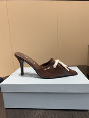 PRADA 25S BRAIDED DETAIL MULES 85MM IN DARK BROWN CALFSKIN