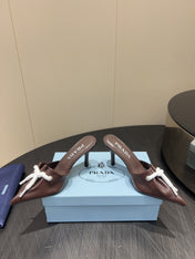 PRADA 25S BRAIDED DETAIL MULES 85MM IN DARK BROWN CALFSKIN