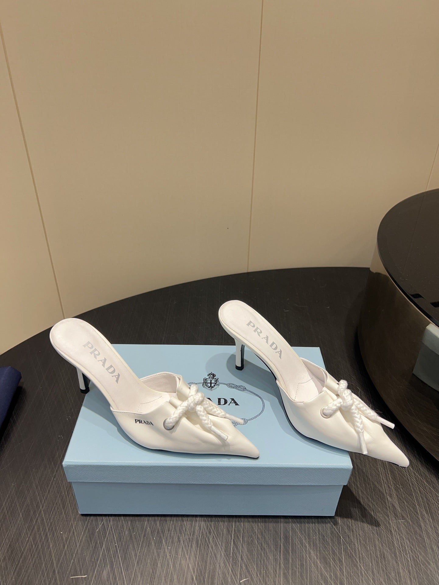 PRADA 25S BRAIDED DETAIL MULES 85MM IN WHITE CALFSKIN