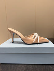 PRADA 25S BRAIDED DETAIL MULES 85MM IN BEIGE CALFSKIN