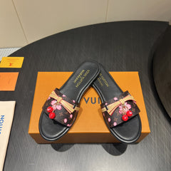 LV SLIDE SANDALS 25S IN DARK BROWN AND BLACK CALFSKIN WITH CHERRY BLOSSOM BUCKLE