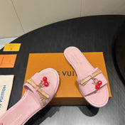 LV SLIDE SANDALS 25S IN BABY PINK DENIM AND CALFSKIN WITH CHERRY BLOSSOM BUCKLE