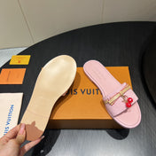 LV SLIDE SANDALS 25S IN BABY PINK DENIM AND CALFSKIN WITH CHERRY BLOSSOM BUCKLE