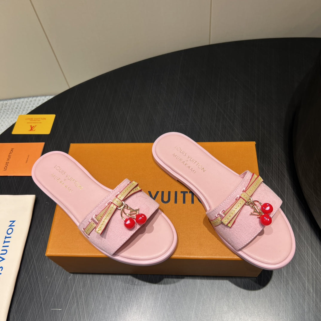 LV SLIDE SANDALS 25S IN BABY PINK DENIM AND CALFSKIN WITH CHERRY BLOSSOM BUCKLE