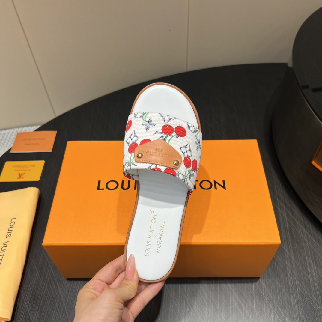LV SLIDE SANDALS 25S IN WHITE DENIM AND CALFSKIN WITH LOGO PRINT