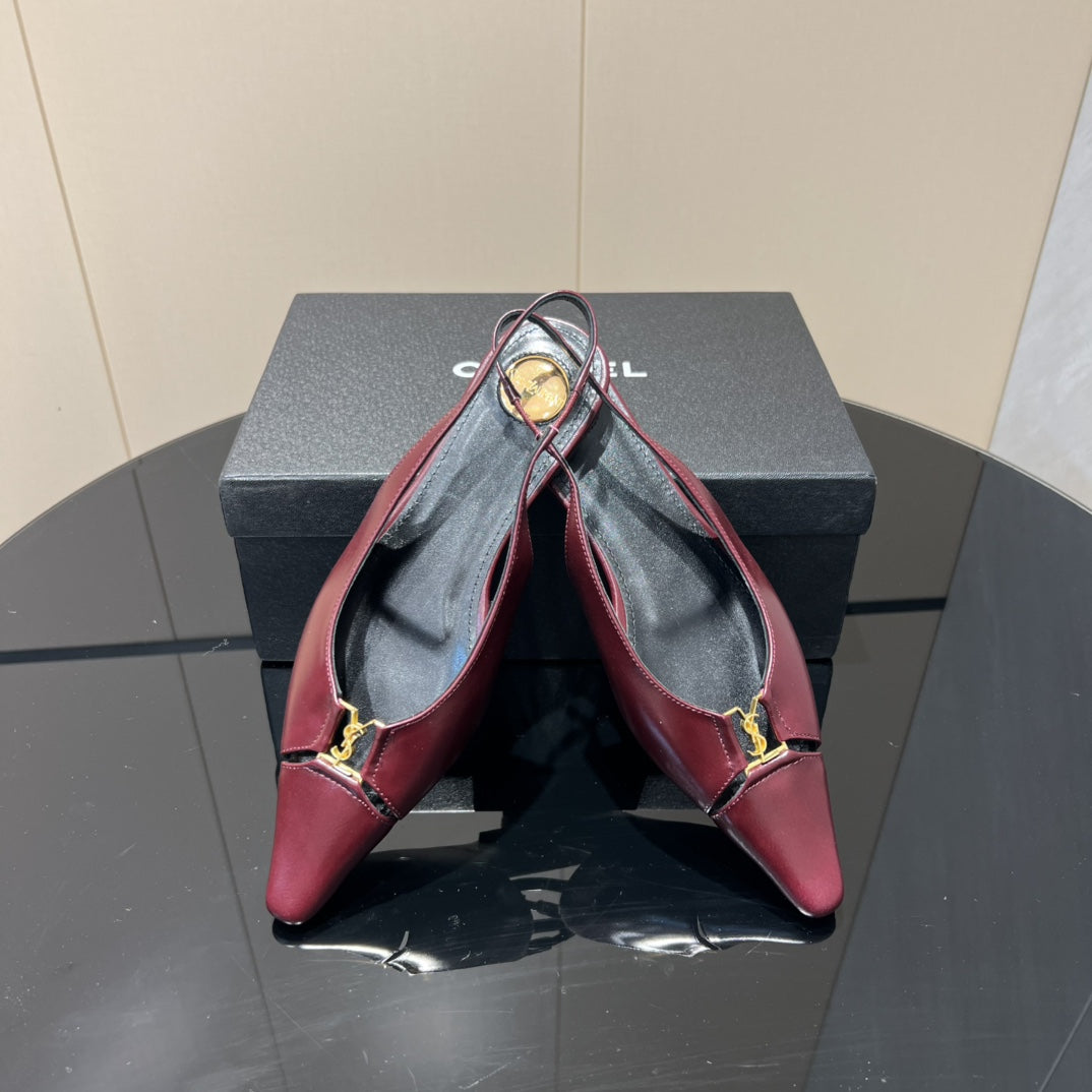 YSL SLINGBACK FLATS 25S IN WINE RED LAMBSKIN WITH GOLD HARDWARE