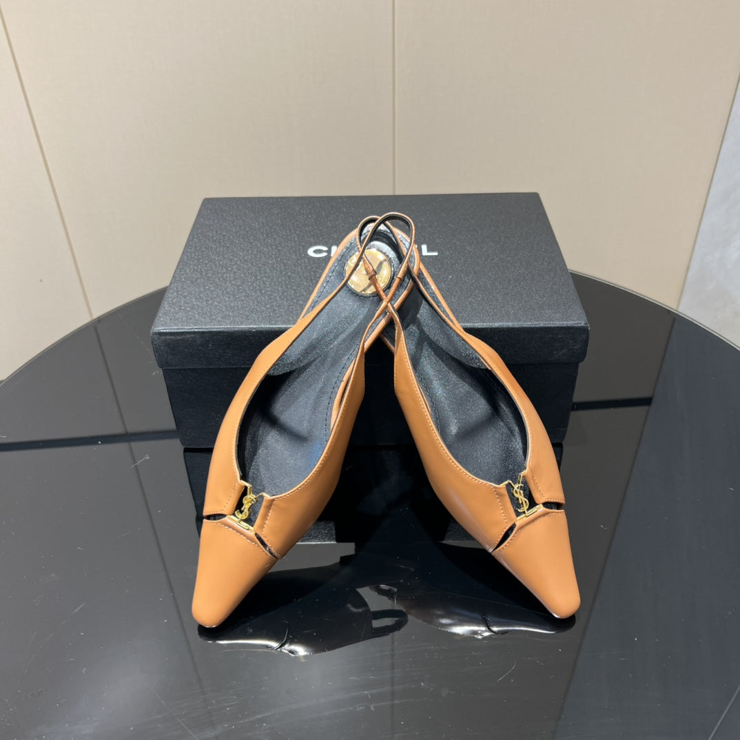 YSL SLINGBACK FLATS 25S IN MUTED ORANGE LAMBSKIN WITH GOLD HARDWARE