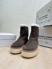 SUEDE BOOTS DARK BROWN WITH SHEARLING LINING AND RUBBER FLATFORM SOLE