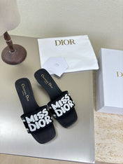 DWAY HEELED SLIDE EMBROIDERED COTTON AND BLACK MISS DIOR ALLOVER MOTIF 35 MM