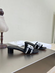 DWAY HEELED SLIDE EMBROIDERED COTTON AND BLACK MISS DIOR ALLOVER MOTIF 35 MM