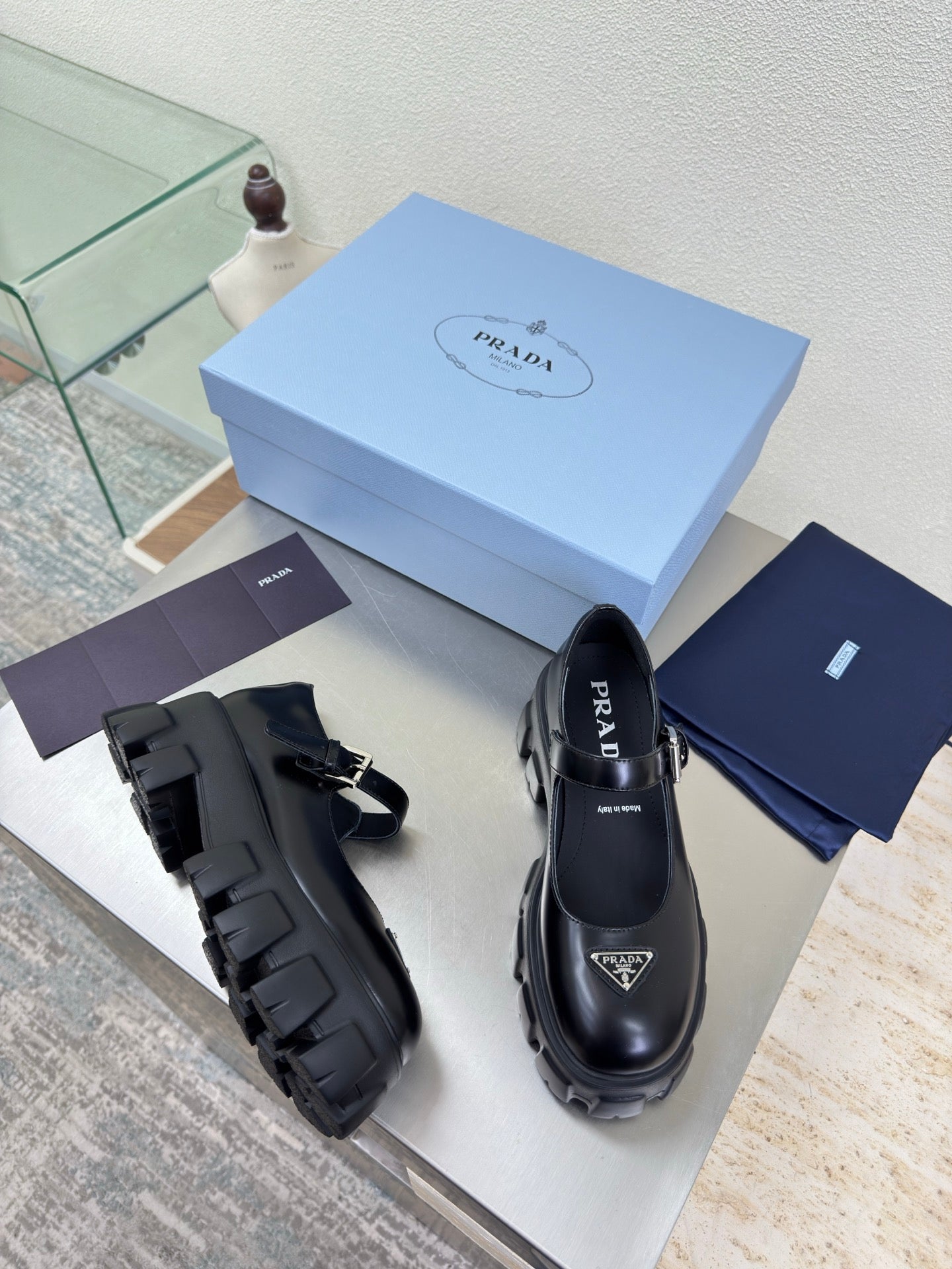 PRADA 25S PLATFORM MARY JANE SHOES IN BLACK CALFSKIN STYLE 3