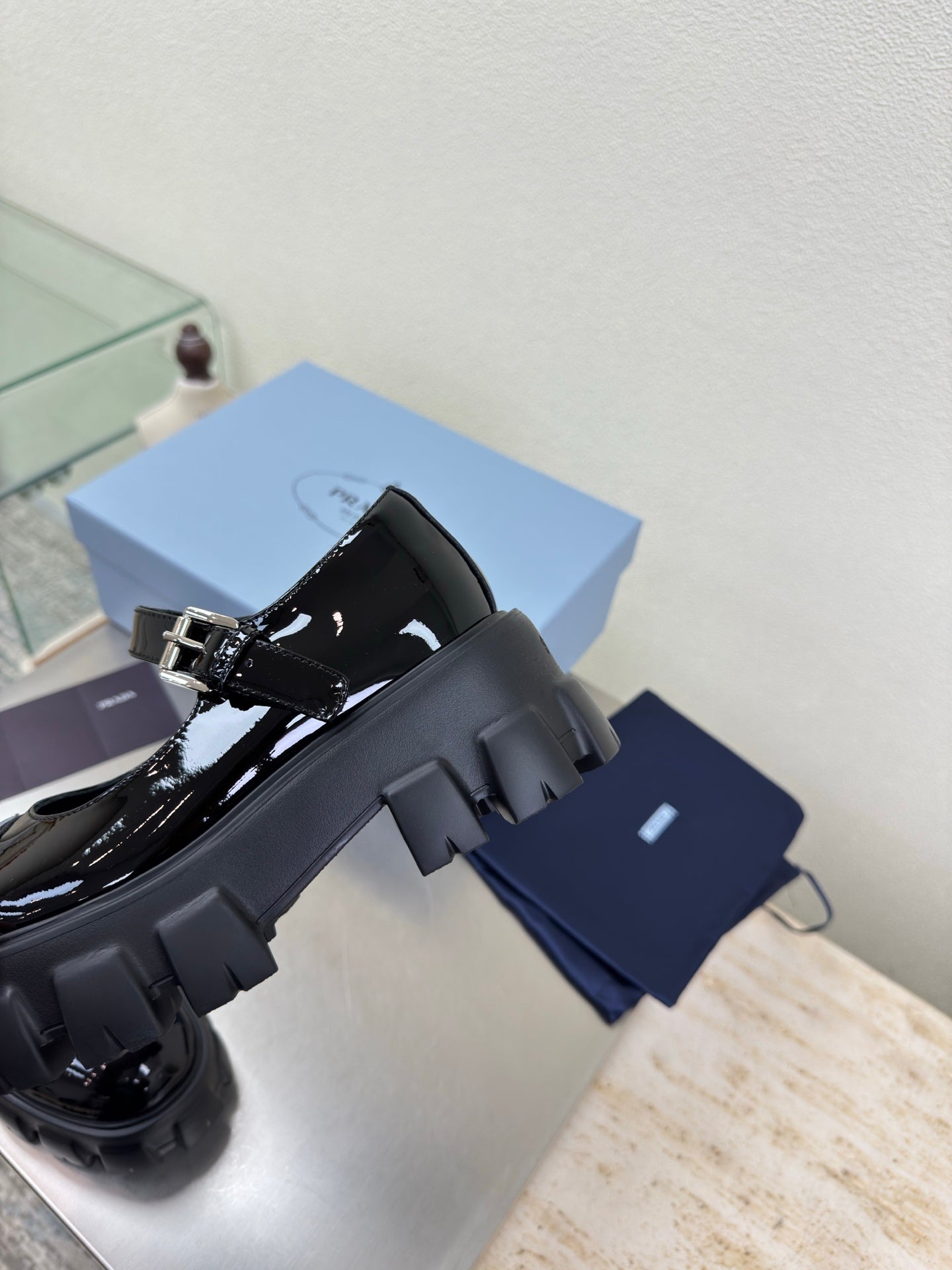 PRADA 25S PLATFORM MARY JANE SHOES IN BLACK GLOSSY CALFSKIN STYLE 2