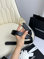 CC BELT 30MM IN BLACK SMOOTH CALFSKIN GOLD HARDWARE ATTACH PEARLS