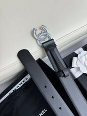 CC BELT 30MM IN BLACK SMOOTH CALFSKIN SILVER HARDWARE ATTACH RHINSTONE