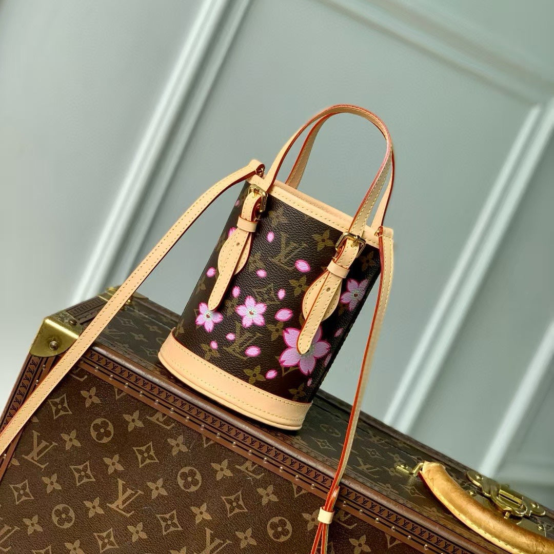 NANO BUCKET CHERRY BLOSSOM IN SAKURA BROWN MONOGRAM COATED CANVAS