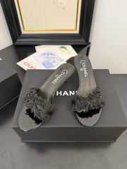 BLACK GROSGRAIN CANVAS BOW MULE SANDALS 65 MM