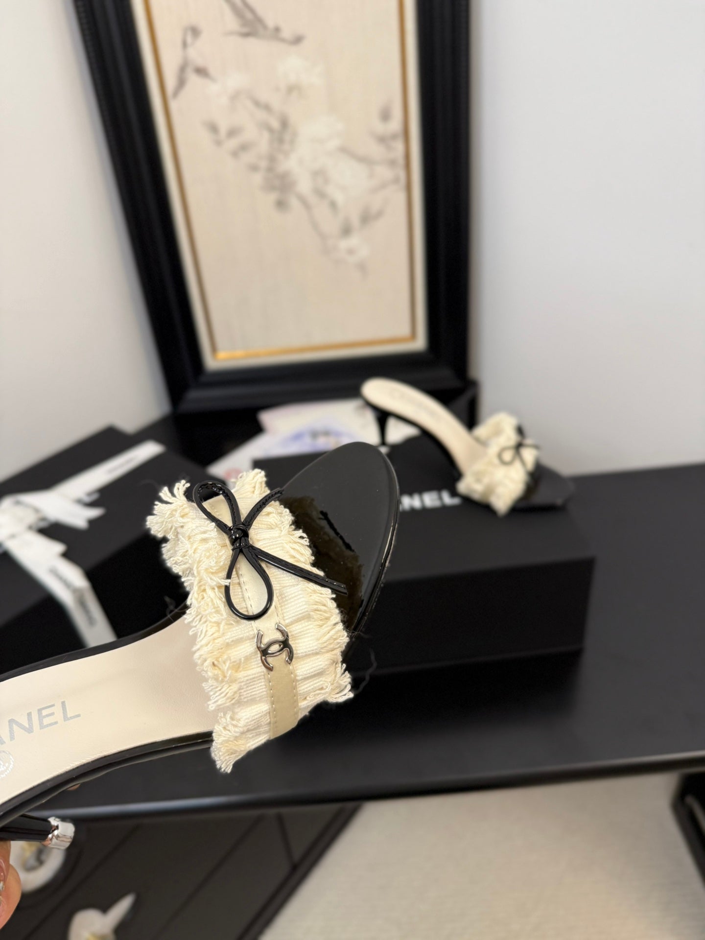 WHITE GROSGRAIN CANVAS BOW MULE SANDALS 90 MM