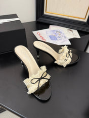 WHITE GROSGRAIN CANVAS BOW MULE SANDALS 90 MM