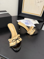 SAND YELLOW GROSGRAIN CANVAS BOW MULE SANDALS 90 MM