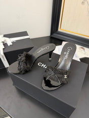 BLACK GROSGRAIN CANVAS BOW MULE SANDALS 90 MM