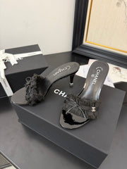 BLACK GROSGRAIN CANVAS BOW MULE SANDALS 90 MM