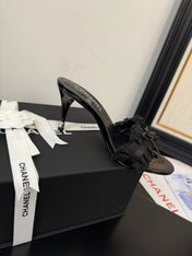 BLACK GROSGRAIN CANVAS BOW MULE SANDALS 90 MM