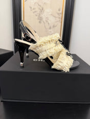 WHITE GROSGRAIN CANVAS BOW SLINGBACK SANDALS