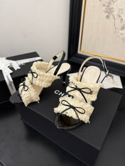 WHITE GROSGRAIN CANVAS BOW SLINGBACK SANDALS