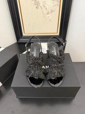 BLACK GROSGRAIN CANVAS BOW SLINGBACK SANDALS