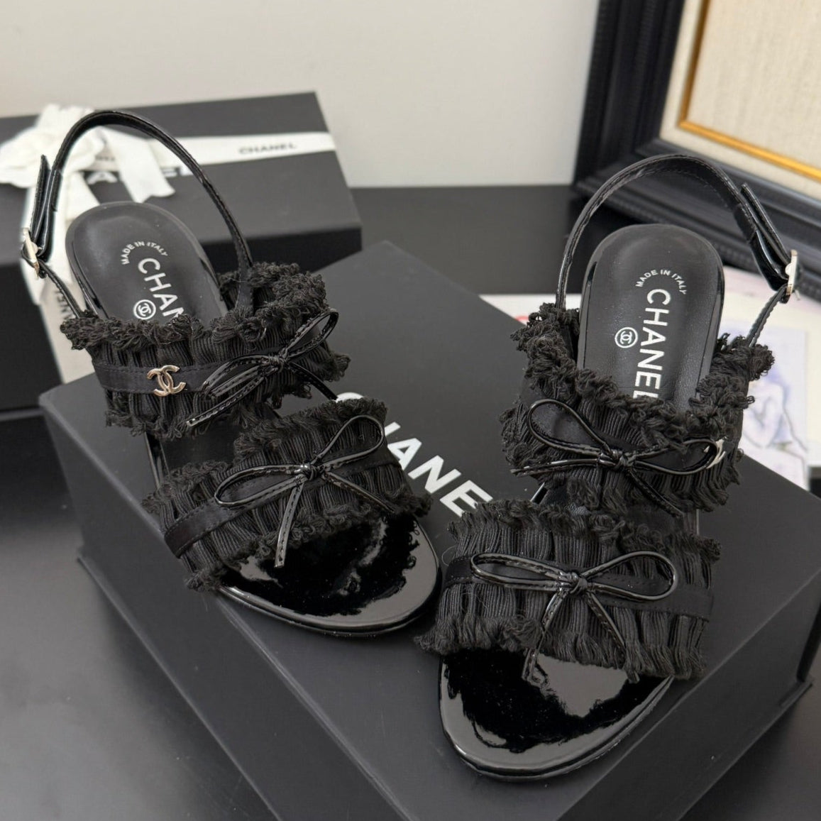 BLACK GROSGRAIN CANVAS BOW SLINGBACK SANDALS