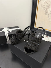 BLACK GROSGRAIN CANVAS BOW SLINGBACK SANDALS